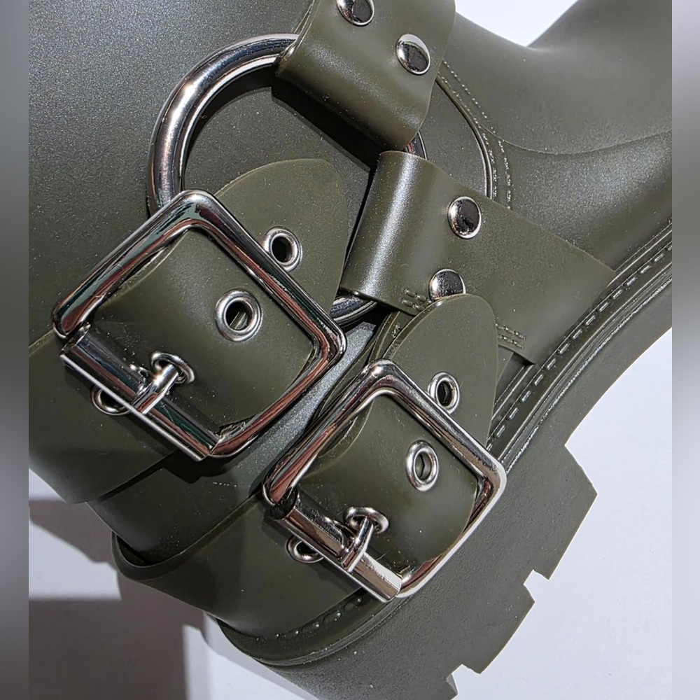 JEFFREY CAMPBELL Controller Green Matte Silver Buckle Moto Rain Boots Size 6 NEW - Picture 4 of 12